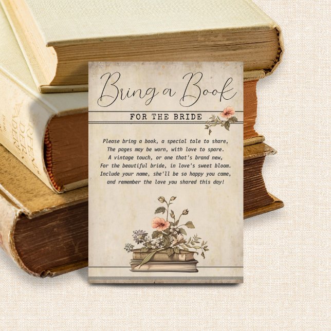 Tarjeta De Recepción Antigua lluvia de regalos para la novia: Traiga un (Bring a Book for the Bride Poem card Cute watercolor vintage floral books literary bridal shower )