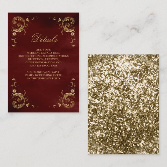 Tarjeta De Recepción Antiguo marco dorado detalles rojo borgoña (Anverso / Reverso)