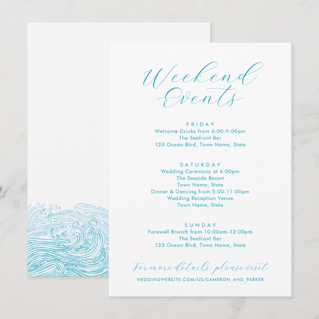 Tarjeta De Recepción Aqua Blue Weekend Eventos Ocean Waves Beach Weddin (Anverso / Reverso)