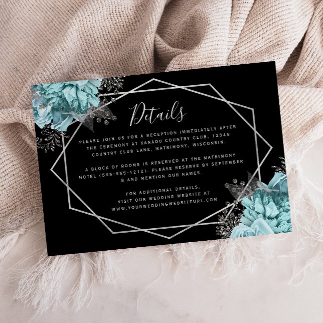 Tarjeta De Recepción Aqua Floral Silver Black Wedding Details (Subido por el creador)