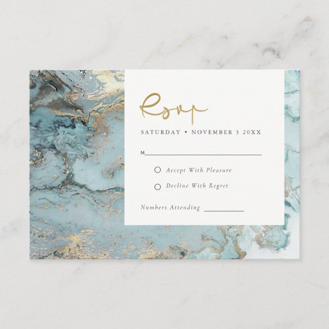 TARJETA DE RECEPCIÓN AQUA MODERNA DUSKY AZUL ORO AGADO BODA RSVP ENC (Anverso)