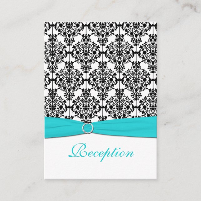 Tarjeta de recepción Aqua, White y Black Damask (Anverso)