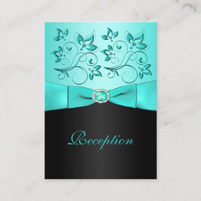 Tarjeta de recepción Aqua y Black Floral II (Anverso)