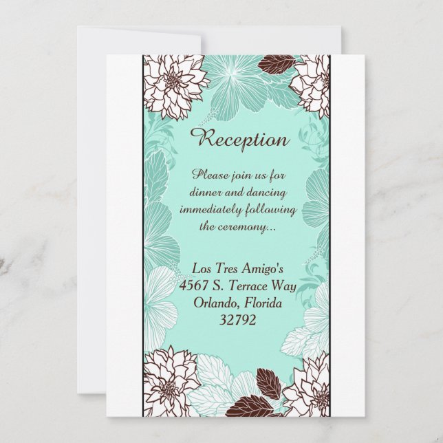 Tarjeta de Recepción Aqua y Flores Marrones 3.5x7 (Anverso)