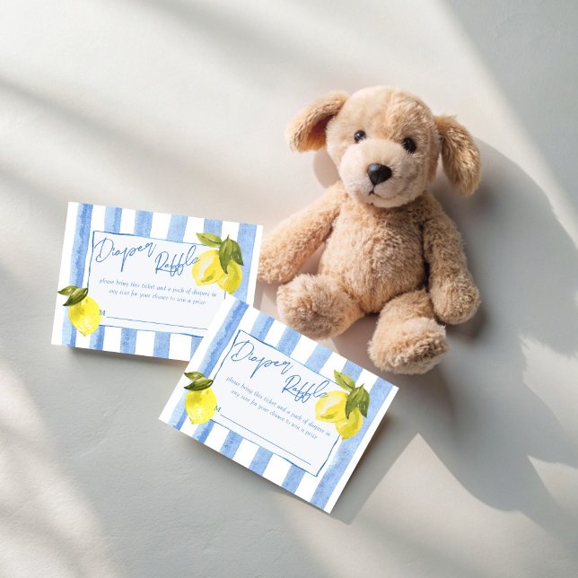 Tarjeta De Recepción Araña de pañales de tiras azules de Ciao Bambino (Ciao Bambino blue stripes lemons Italian baby shower diaper raffle Enclosure Cards raffle tickets)