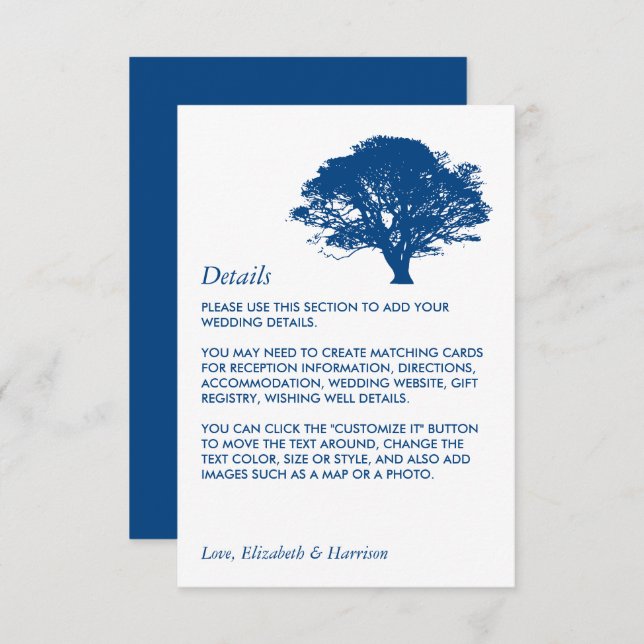 Tarjeta De Recepción Árbol de roble azul, detalle de Boda rústico/minim (Anverso / Reverso)
