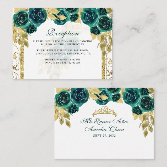 Tarjeta De Recepción Arco de oro verde esmeralda floral Quinceañera (Anverso / Reverso)