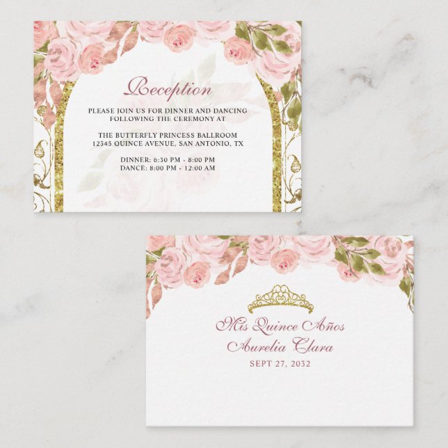 Tarjeta De Recepción Arco floral de oro rosa Rubor Quinceañera (Anverso / Reverso)