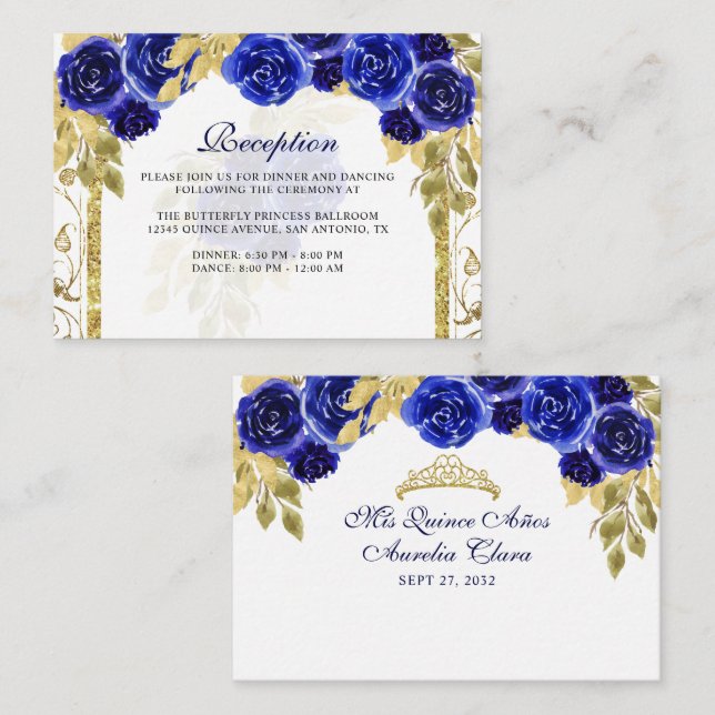 Tarjeta De Recepción Arco floral real azul de oro Quinceañera (Anverso / Reverso)