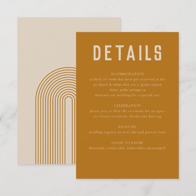 Tarjeta De Recepción Arco geométrico moderno Boho Boda beige dorado (Anverso / Reverso)