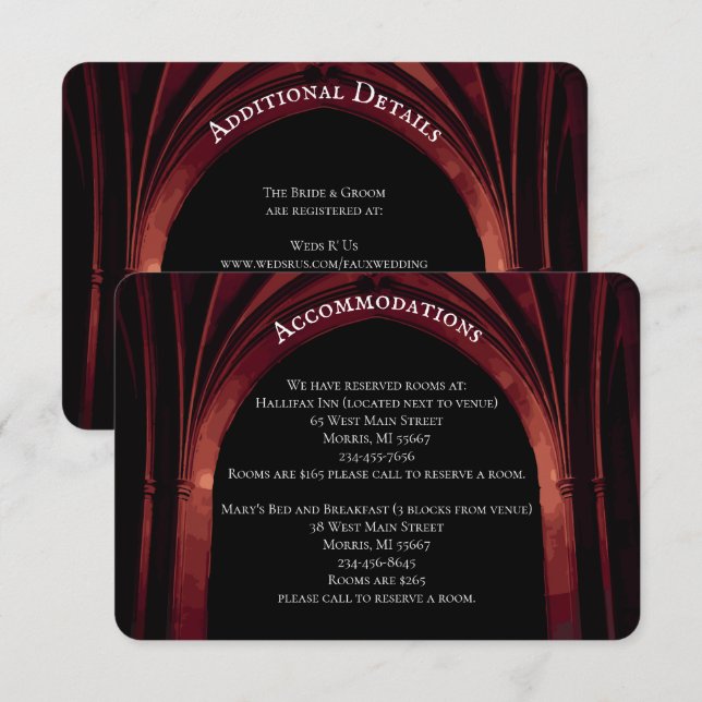Tarjeta De Recepción Arco Gótico Elegante Boda Oscura Rojo Negro (Anverso / Reverso)