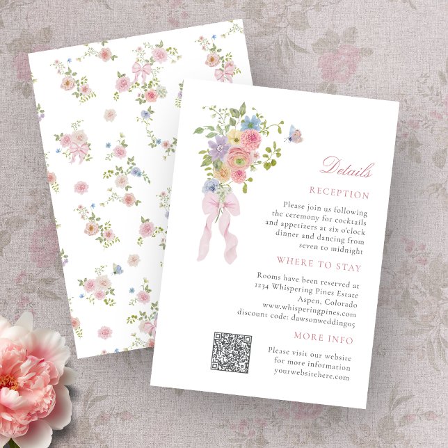 Tarjeta De Recepción Arcos y Flores Silvestres (Bows and Wildflowers Enclosure Card with QR Code)