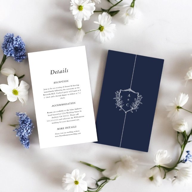 Tarjeta De Recepción Armada con cierre mínimo de detalles del boda (wedding details card in navy blue and white , stylish crested initials , )