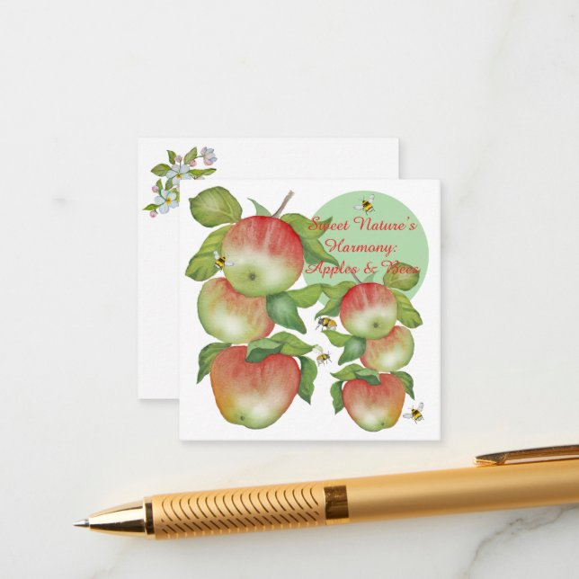 Tarjeta De Recepción Armonía dulce: manzanas acuarelas y una abeja (Anverso/Reverso In Situ)