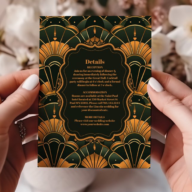 Tarjeta De Recepción Art Decó Boda Diamante Oro y Verde (Subido por el creador)