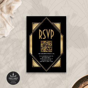 Tarjeta De Recepción Art Deco Gold Black QR Boda de código RSVP