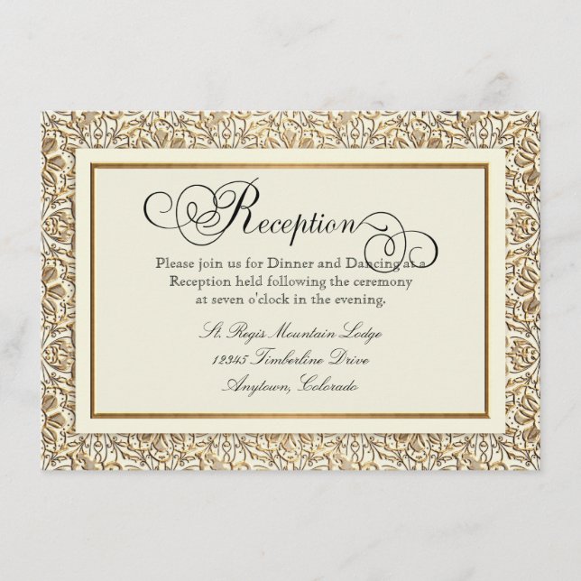 Tarjeta De Recepción Art Deco Nouveau Faux Gold Floral Damask Lace (Anverso)