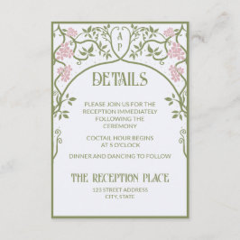Tarjeta De Recepción Art Nouveau Boda floral verde y rosa