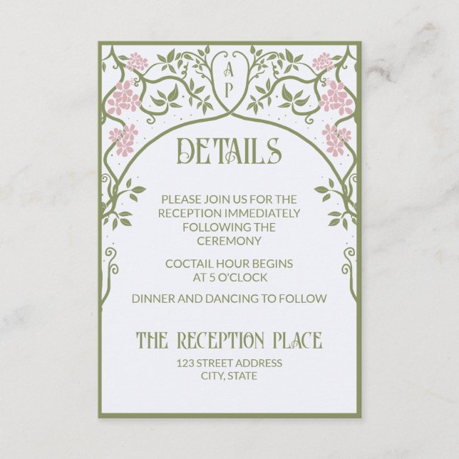 Tarjeta De Recepción Art Nouveau Boda floral verde y rosa (Anverso)