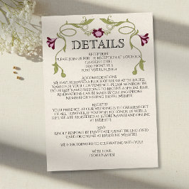 Tarjeta De Recepción Art Nouveau Burgundy Pink Flowers Green Wedding