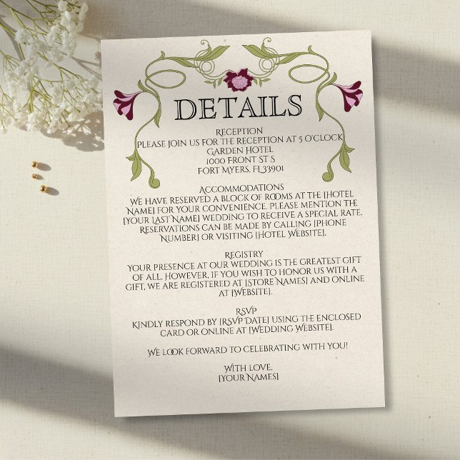 Tarjeta De Recepción Art Nouveau Burgundy Pink Flowers Green Wedding (Subido por el creador)