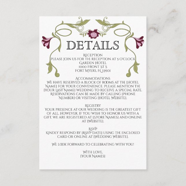 Tarjeta De Recepción Art Nouveau Burgundy Pink Flowers Green Wedding (Anverso)