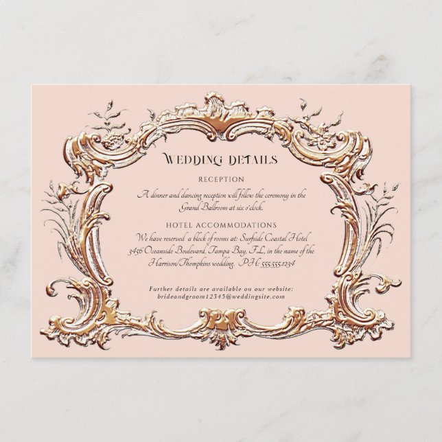 Tarjeta De Recepción Art Nouveau Elegant Wedding Details de la boda ros (Anverso)