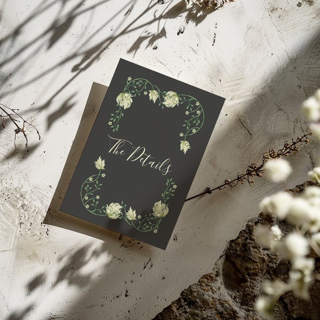 Tarjeta De Recepción Arte de bonito flor blanca Los detalles (Dark background Art Nouveau style pretty flowers frame with "The Details" written in elegent script)