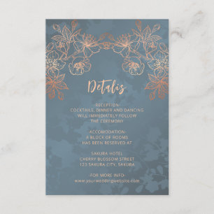Tarjeta De Recepción Arte de línea floral de cobre azul polvoriento