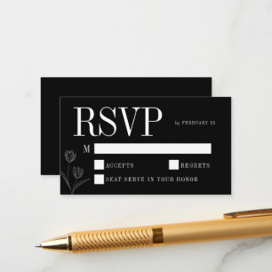 Tarjeta De Recepción Arte de línea floral rústico negro elegante RSVP d