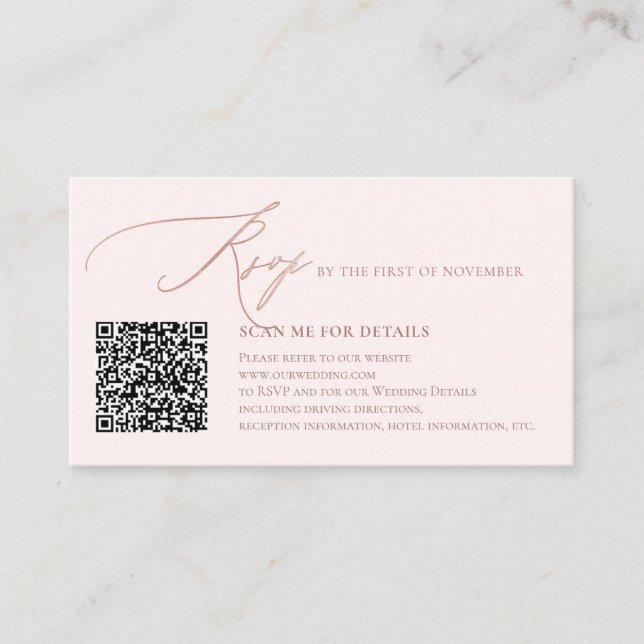 Tarjeta De Recepción ArtsApp QR Code RSVP Faux Rosa Gold Caligraphy (Anverso)