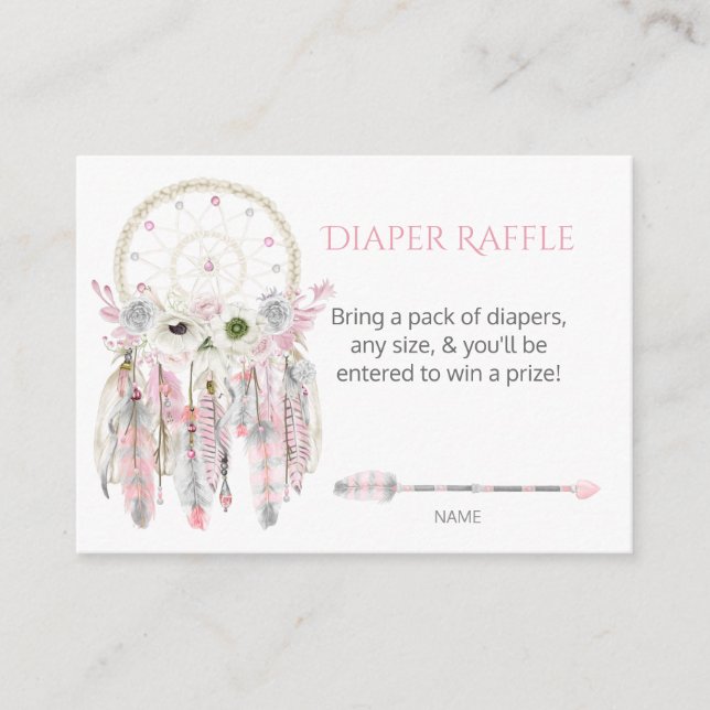Tarjeta De Recepción Atrapa Sueños Boho Rosa Gris Rifra de Pañales (Anverso)