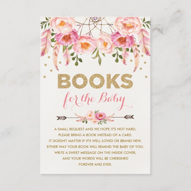 Tarjeta De Recepción Atrapasueños Floral Rosa / Libros Boho para Bebé (Anverso)