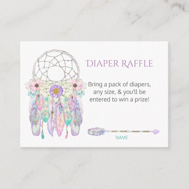 Tarjeta De Recepción Atrapasueños Plumas Pasteles Rifa de Pañales (Anverso)