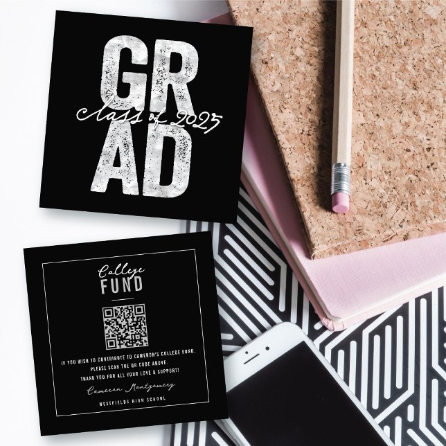 Tarjeta De Recepción Audaz Fondo Universitario de Graduación Elegante d (Bold Silver GRAD Stylish Graduation College Fund Insert / Enclosure Card @ zazzle.com/color_therapy)