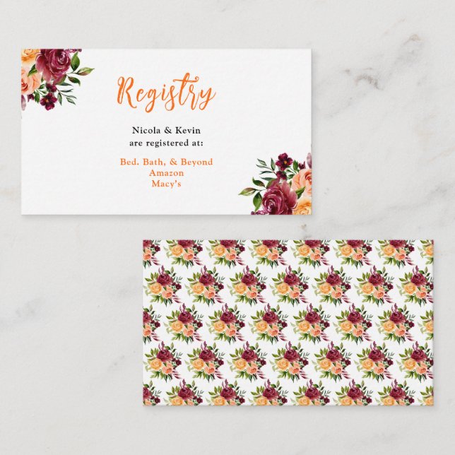Tarjeta De Recepción Autumn Burgundy and Orange Floral Wedding Registry (Anverso / Reverso)
