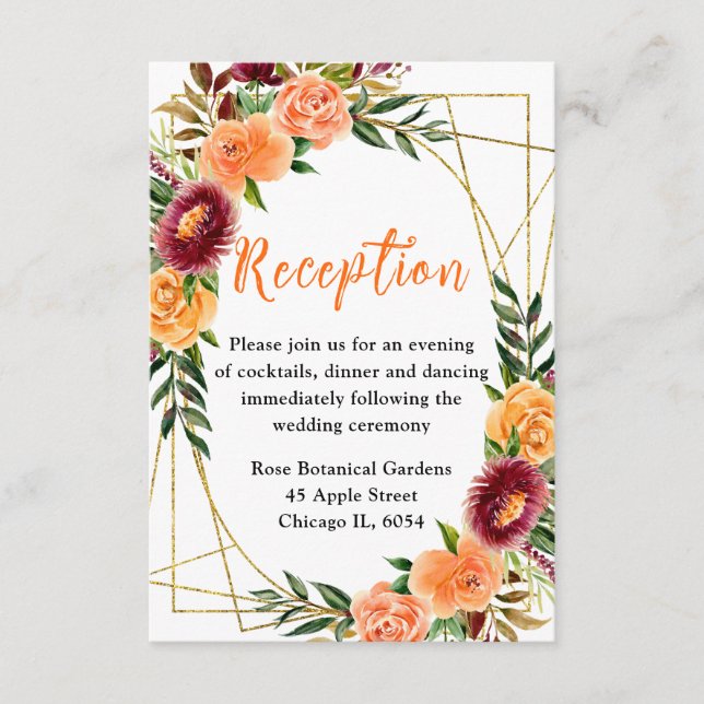 Tarjeta De Recepción Autumn Burgundy and Orange Flowers (Anverso)