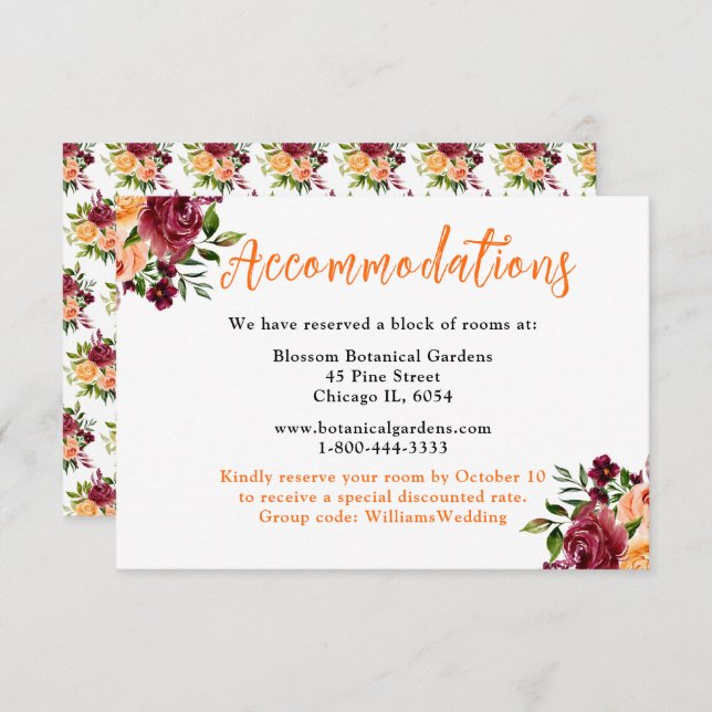 Tarjeta De Recepción Autumn Burgundy and Orange Wedding Accommodations (Anverso / Reverso)