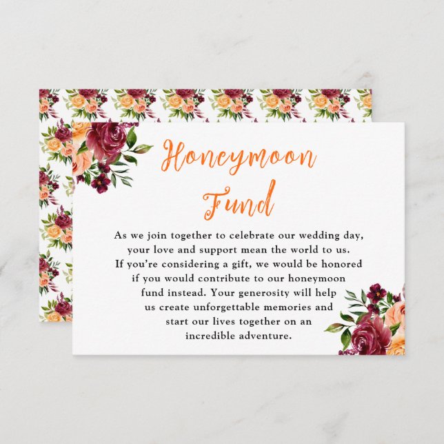 Tarjeta De Recepción Autumn Burgundy and Orange Wedding Honeymoon Fund (Anverso / Reverso)