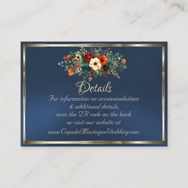 Tarjeta De Recepción Autumn Floral, QR Code - Blue (Anverso)