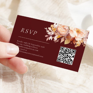 Tarjeta De Recepción Autumt Floral Burgundy Cream Boda QR Code RSVP