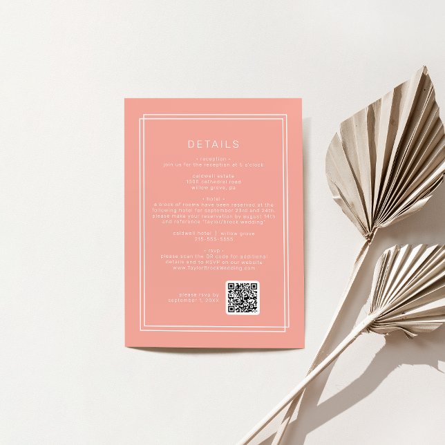 Tarjeta De Recepción AVERY Mínimo Rubor Peach QR Code Boda Detalles (AVERY Minimal Blush Peach QR Code Wedding Details Enclosure Card)