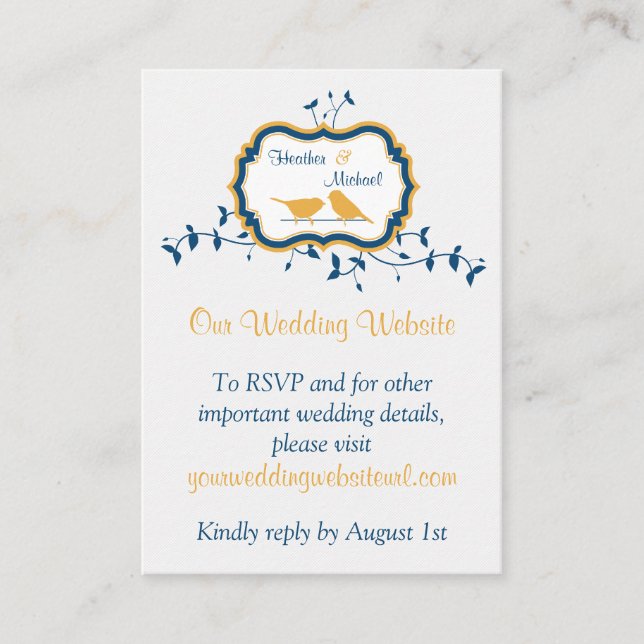 Tarjeta De Recepción Aves deja sitio web Boda de marina amarilla insert (Anverso)
