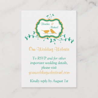 Tarjeta De Recepción Aves deja sitio web de Boda de Esmeralda amarillo
