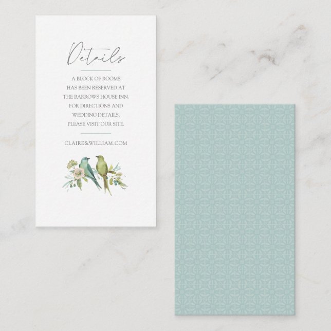 Tarjeta De Recepción Aves verdes azules Boda de acuarela botánica (Anverso / Reverso)