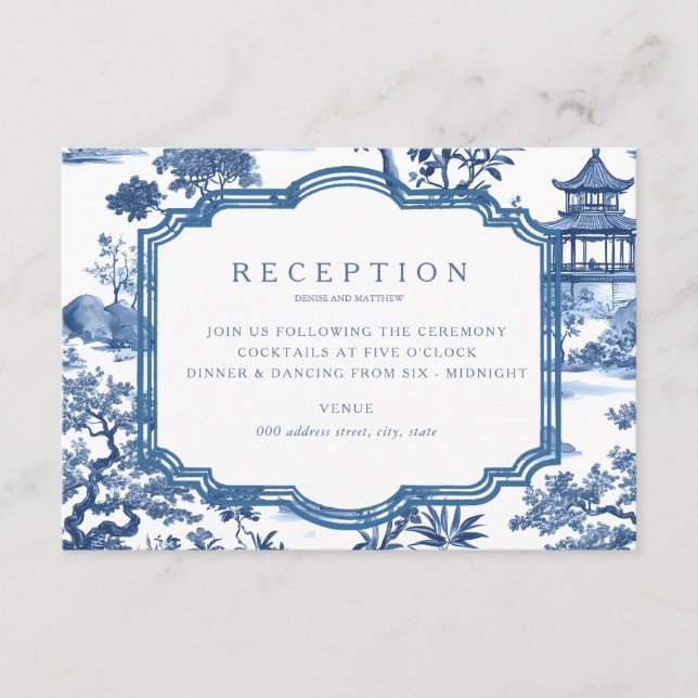 Tarjeta de recepción azul Chinoiserie (Anverso)
