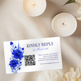 Tarjeta De Recepción Azul Floral Código QR Boda RSVP