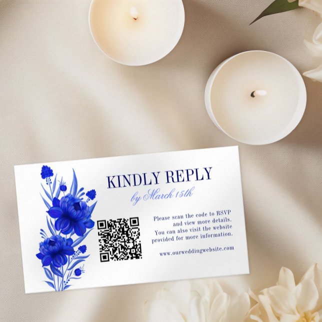 Tarjeta De Recepción Azul Floral Código QR Boda RSVP (Subido por el creador)