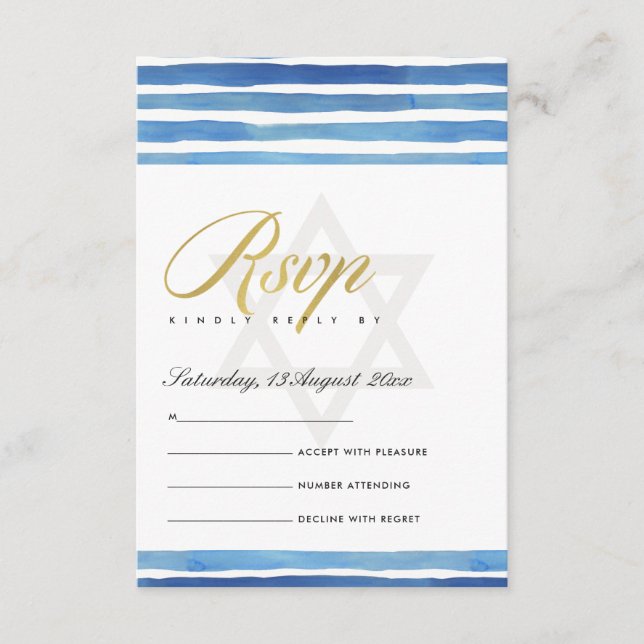 TARJETA DE RECEPCIÓN AZUL INDIGO STRIPE STAR BAR BAT MITZVAH RSVP (Anverso)