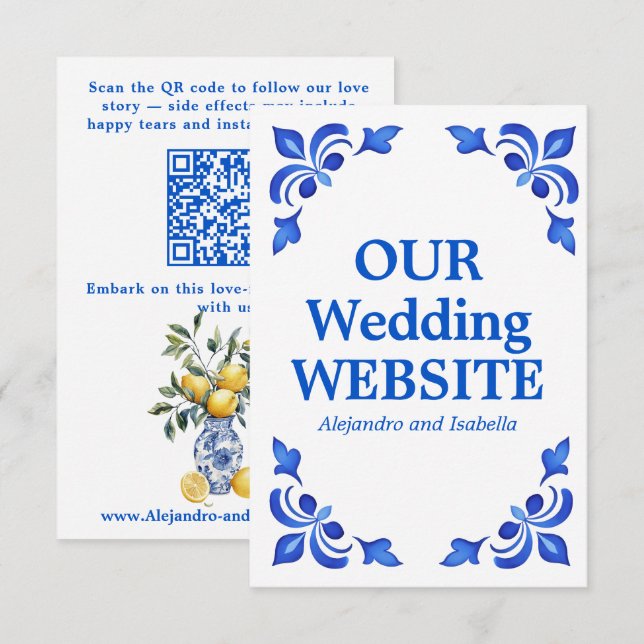 Tarjeta De Recepción 💙🍋 Azul & Limone Romance  Sitio web de boda con  (Anverso / Reverso)